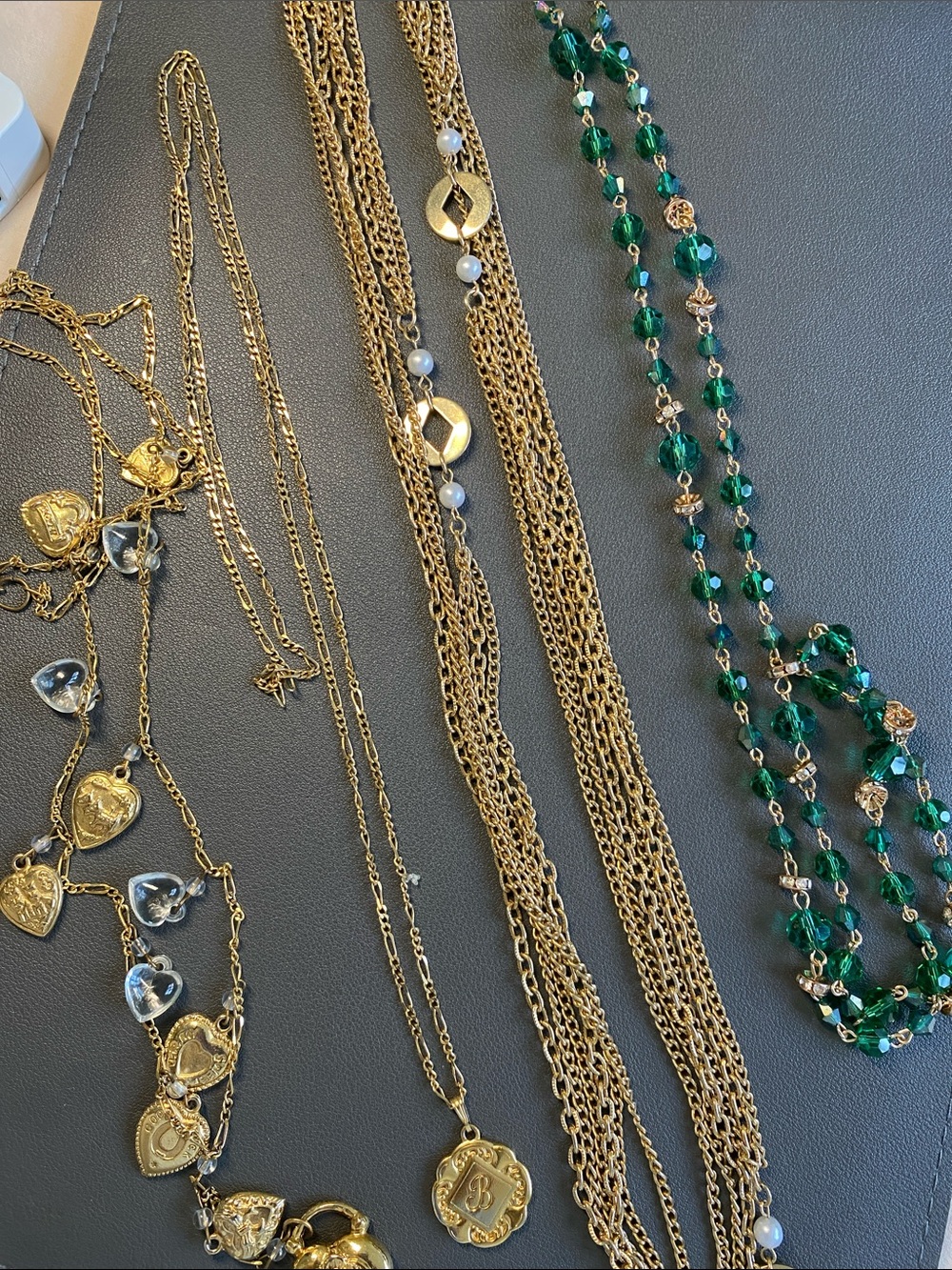 Gold-Tone Layered Chain Necklace with Green Beaded Strand